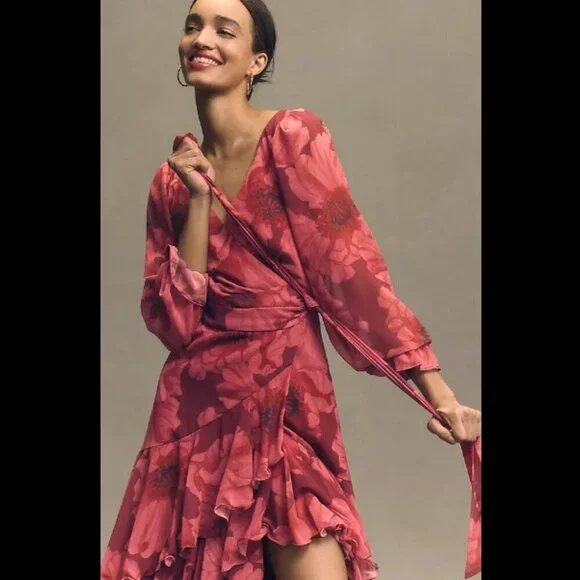 NEW Hutch Kya Long-Sleeve V-Neck Printed Tiered Wrap Maxi Dress Red Small
